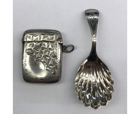 SILVER ENGRAVED VESTA CASE, AND A BIRMINGHAM SILVER CADDY SPOON