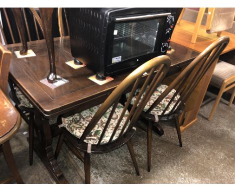 ERCOL DRAWER LEAF TABLE AND FOUR STICK BACK CHAIRS 