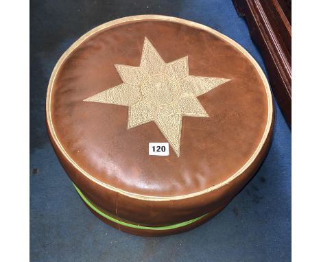 BROWN LEATHER EFFECT FOOTSTOOL AND ONYX LAMP