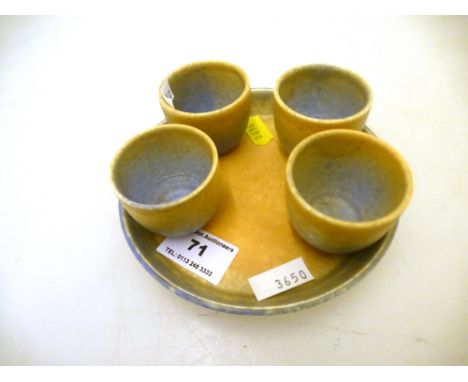 4 RUSKIN EGG CUPS (H: 1.5") AND PLATE D: 5.5"