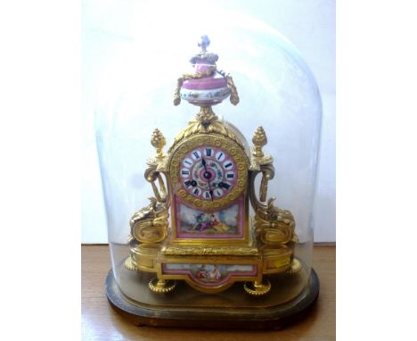 GILT MANTLE CLOCK H: 14.75" IN GLASS DOME