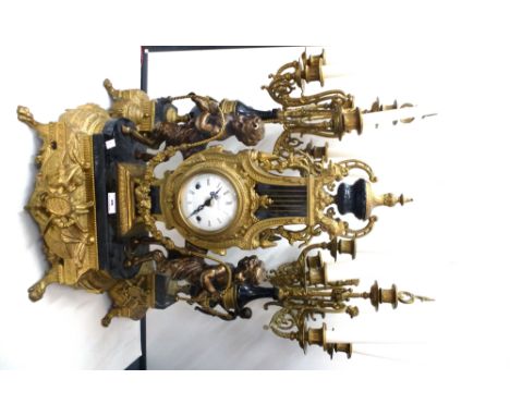 IMPERIAL 3 PIECE BRASS AND MARBLE CLOCK SET MADE IN ITALY CLOCK H: 24" CANDELABRA H: 27"