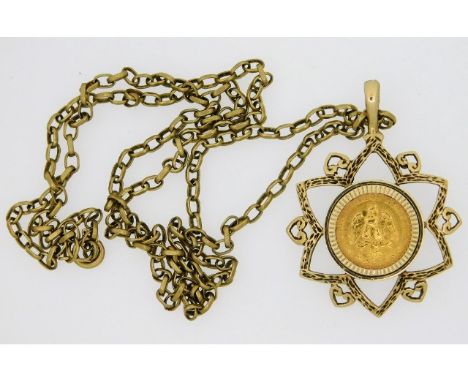 A 9ct gold chain &amp; pendant with a 1945 Dos Pesos coin, chain 20in long, 9.6g 