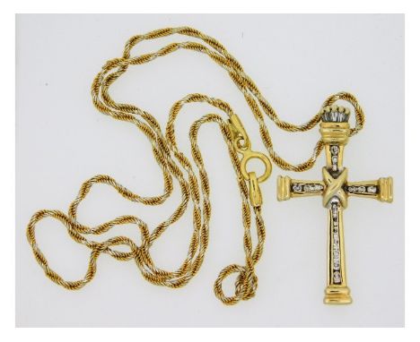 An 18ct gold chain 4.4g &amp; 9ct 2.6g cross set with sixteen small round diamonds &amp; five tapered baguettes total 0.25ct 