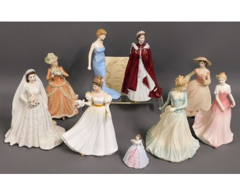 A Royal Doulton Diana Princess of Wales figure twinned with a Royal Worcester QEII figure &amp; other Doulton, Worcester &amp