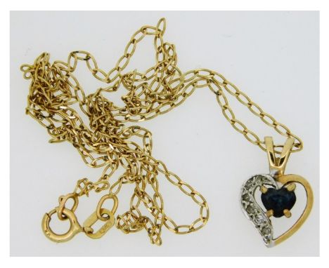A 9ct gold chain &amp; pendant with diamond &amp; sapphire, 18in long, 1.7g 