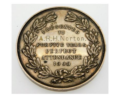 An Edwardian, 1909, Plymouth Schools Association Perfect Attendance for five years silver medal won by A. R. H. Norton, 51mm 