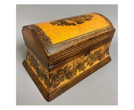A 19thC. Tunbridge Ware tea caddy, in the manner of Henry Hollamby, some faults, 8in wide x 5in deep x 4.5in high 