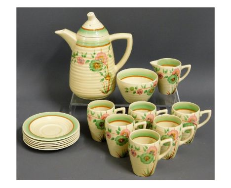 An art deco 15 piece Wilkinson Clarice Cliff style hand decorated coffee service for six, very small chip to one cup