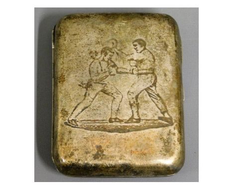 An 1886 Victorian London silver cigarette case by Jane Brownett with etched boxing scene, couple of light bumps, 70.5g