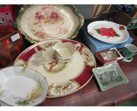 A box of miscellaneous crockery including Aynsley "Chelsea Flowers" plate, a Noritake cream jug, a Myott oval pheasant print 
