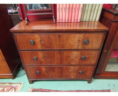A 19th Century flame mahogany three long drawer chest on bracket feet, 83cm x 91cm x 44cm 