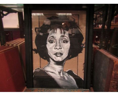 Two mixed media black framed portrait paintings  by Andrew Wright on corrugated card, one of Whitney Houston, signed right ed