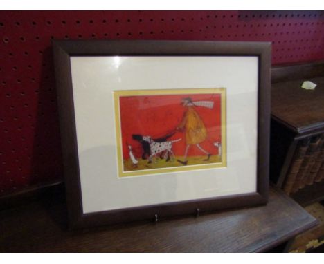 A coloured print depicting a man walking dogs and a duck, framed and glazed, 11.5cm x 16cm
