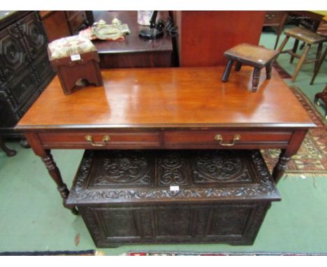 A late Victorian walnut side table the two frieze drawers over turned legs on ceramic castors joined by stretchers, 75cm x 12