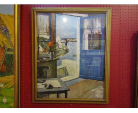 "The Blue Door" framed and glazed lithograph print by R. Wintz, French painter 1884-1956, 26cm x 20cm