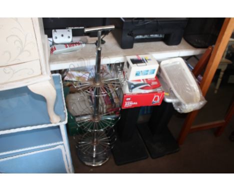 A quantity of sundry items to include a shoe rack; speaker stands; amplified aerial etc