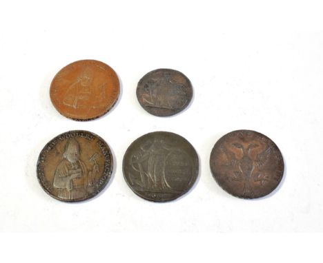 Devon Halfpenny Tokens (2), Exeter, 1792, three-quarter length figure of Bishop Blaize, rev. shield of arms, date below, edge