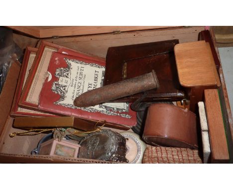 Wooden box containing goffering iron (missing poker), leather jewelry cases, two framed prints, ordnance survey maps etc 