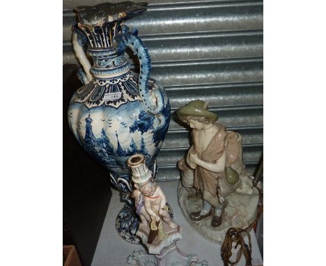 Shepherd and sheep glazed ceramic lamp, ceramic candelabra base with cherubs at play and a large blue & white Delft style twi