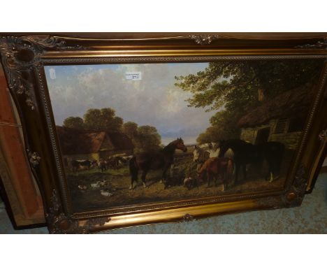Large gilt framed print depicting horses in farmyard setting 