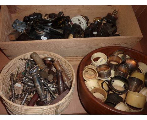 Large selection of serviette rings, cork screws, Bakelite, light switches, Jordan & Sons seal engravers stamp etc 