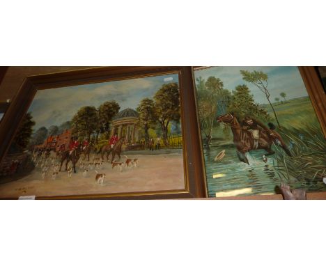 Framed oil on board depicting hunting scene by T. E. Grimshaw and a framed print 
