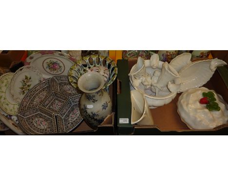 Two boxes of decorative ceramics including a serving dish, wall pockets, pie dish, alabaster lamp base, figurines etc 