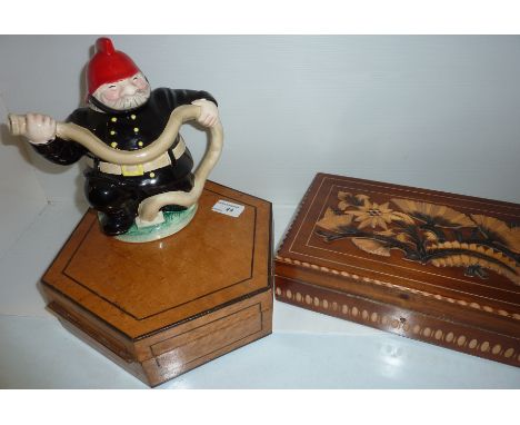 Birdseye maple box, another hardwood box and a ceramic fireman teapot (3)