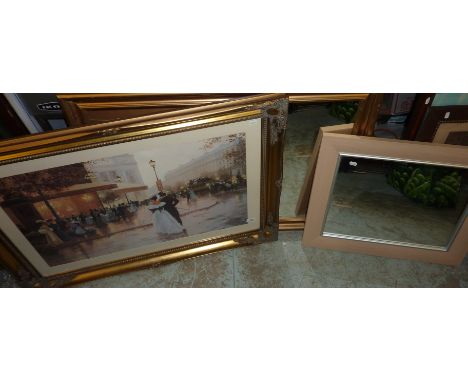 Large gilt framed print by C Kieffer, gilt framed mirror and one other 