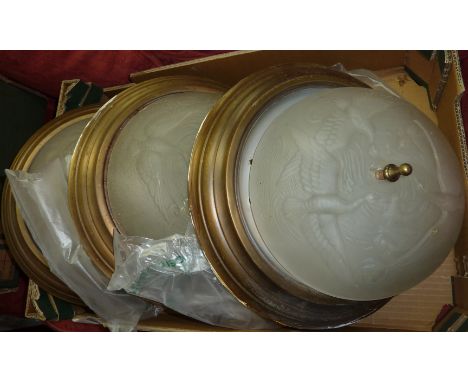 Set of six centre light fittings with frosted glass done depicting various birds 