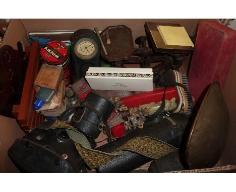Set of scales, soapstone carved figures, a Fujica ST605N camera, desk clock etc