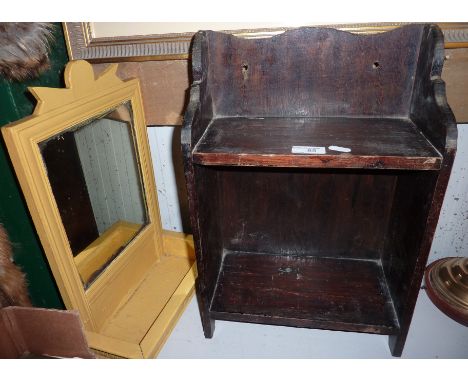 Small oak shelf and painted wood framed mirror 