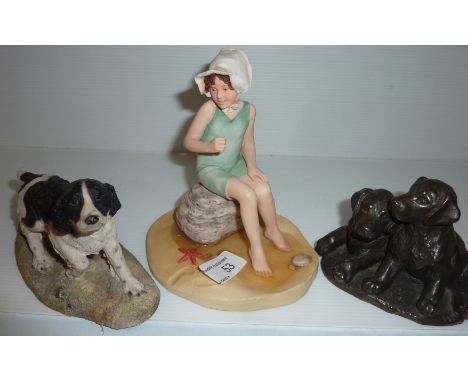 Collie dog, Sherrett & Simpson of a girl playing in a rock pool and small bronzed puppy ornament