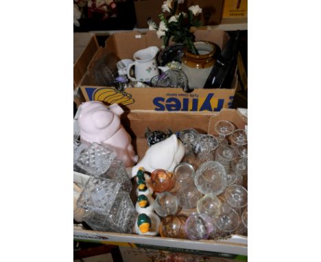 Three glass decanters, a pig biscuit barrel, ceramic roses, drinking glasses etc (two boxes) 