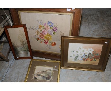 Oak framed embroidery depicting flowers, a framed floral print and two others 