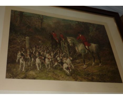 Large framed print entitled 'Viewed Away' by Haywood Hardy depicting hunting scene