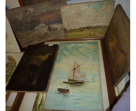 Five oil on canvas paintings depicting various scenes and a large selection of unframed prints depicting hunting scenes and f