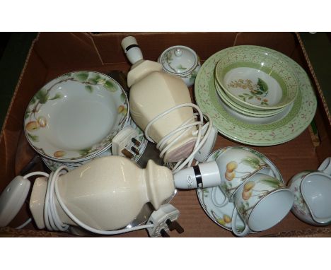 Pair of ceramic table lamps, Noritake summer fruits dishes, bowls etc 