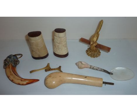 A pair of carved bone salt & pepper pots, a shell spoon, ivory walking stick handle, mounted tooth etc 