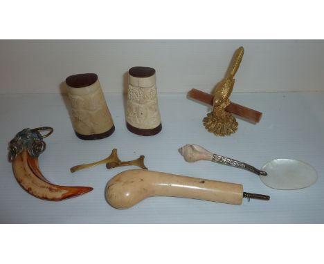 A pair of carved bone salt & pepper pots, a shell spoon, ivory walking stick handle, mounted tooth etc 