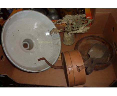 Pair of butter pats, cast wall hanging bell, leather collar box and a enamel light shade