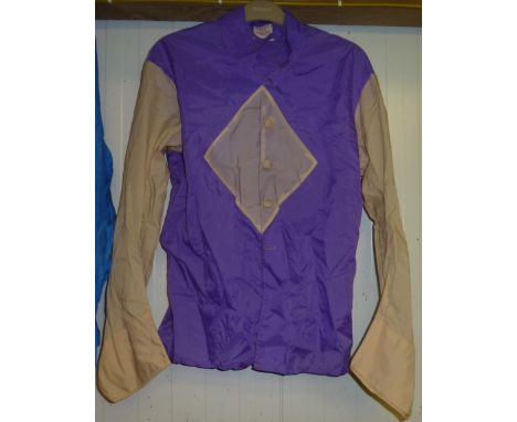 Purple horse racing silks/colours with ivory diamond to front and back (cap missing) the jacket marked Frost Saddler Bawtry Y