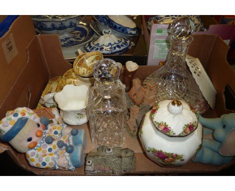 Cut glass ships decanter and one other, Lilliput Lane Cottages etc