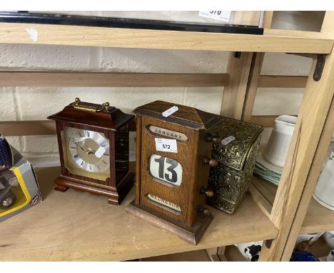 Early 20th Century desk calendar together with a reproduction mantel clock and a brass cased letter rack