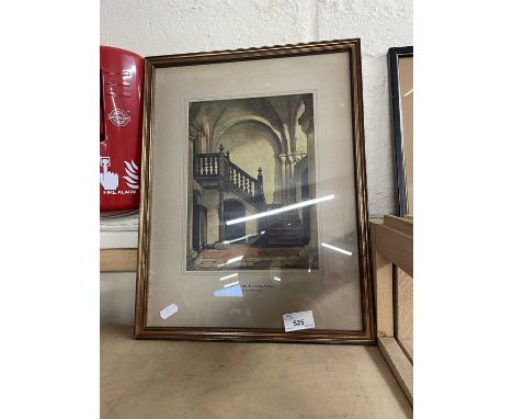 A reproduction print of The Oak Staircase by D Y Cameron, framed and glazed