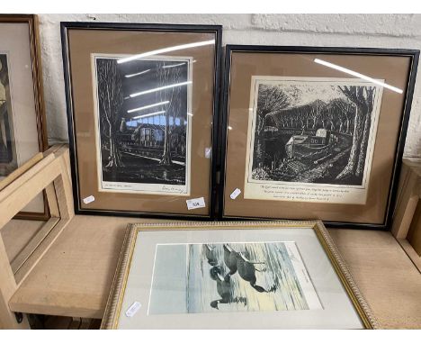 Two reproduction lino cuts by Dennis Cheason together with a reproduction print of Brent Goose by J Harrison, signed in penci