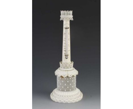 A fine quality and very ornate 10" ivory standing thermometer 