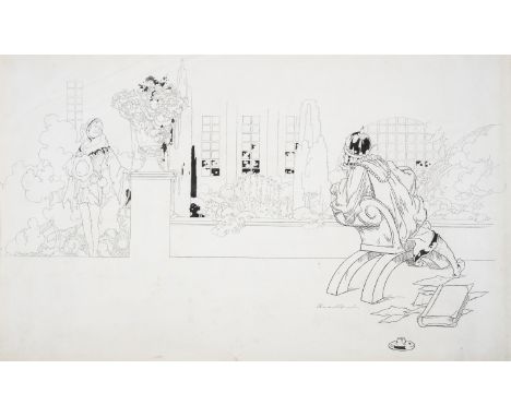 Robinson (Charles) [Garden scene], an original illustration,&nbsp;pen and black ink, signed lower right, sheet 325 x 520 mm (