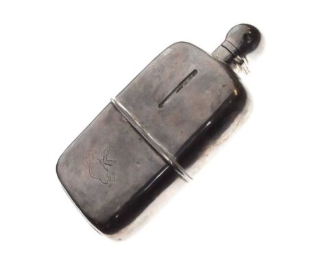 Victorian silver-cased hip flask of rounded rectangular form with pull-off drinking cup, sponsors mark of Elkington and Co, B